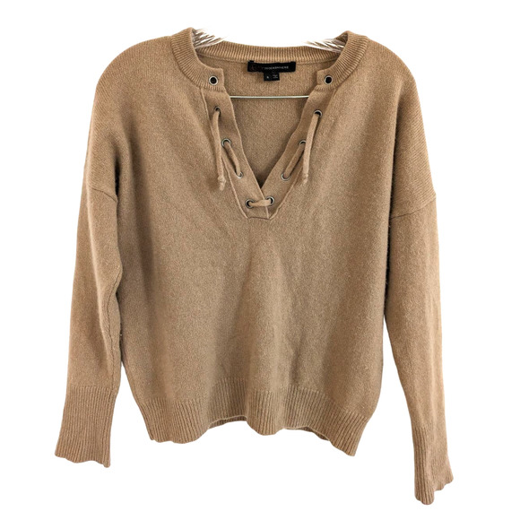 360 Cashmere x Rocky Barnes 100% Cashmere Dylan Lace Up Tan Sweater Small - Picture 4 of 7